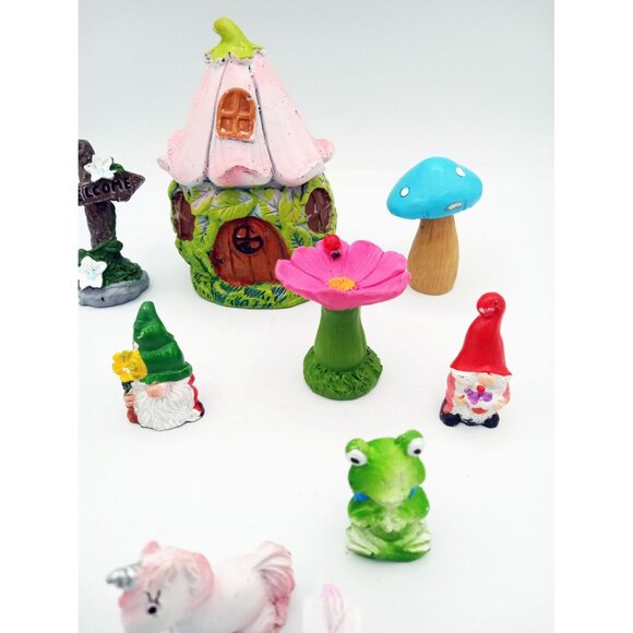 Fairy Garden Gnome 11 Piece Set Unicorns Frog Fairies Blue Mushroom Welcome Sign - Picture 5 of 14